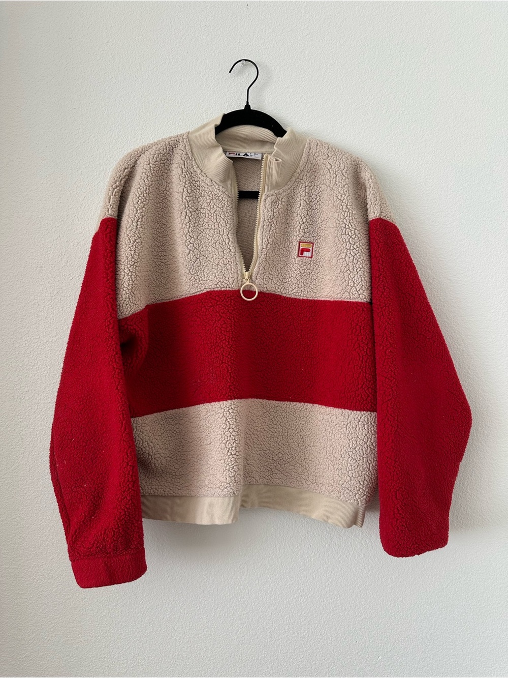 Fila Colorblock Sherpa Half-Zip Pullover in Beige and Red